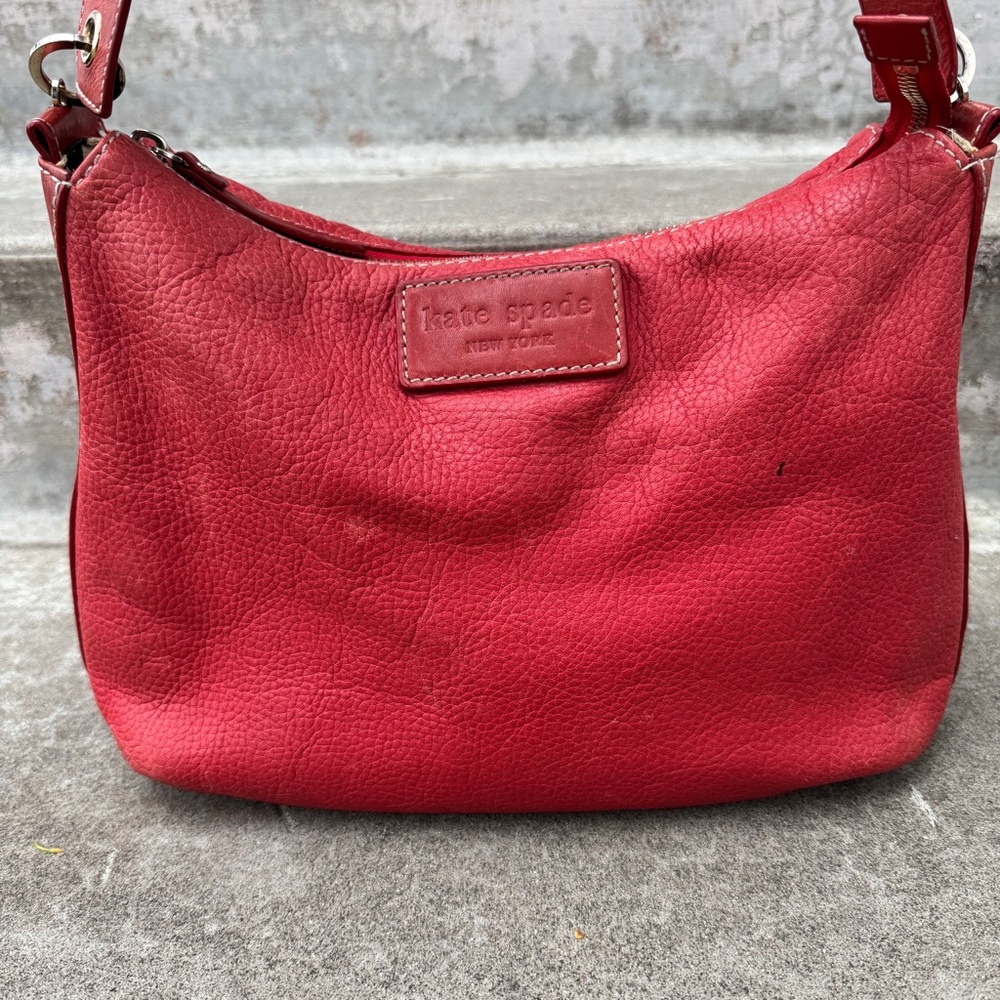 KATE SPADE New York Red Pebbled Leather Shoulder Handbag Zebra Lining